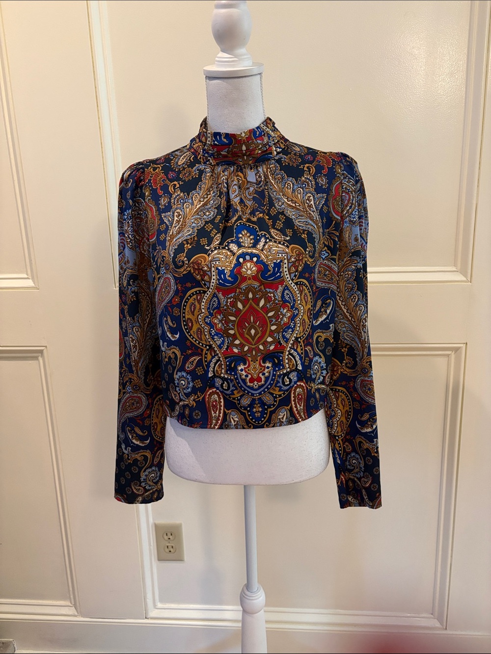 Rachel Zoe Paisley Mock-Neck Blouse in Navy and Red